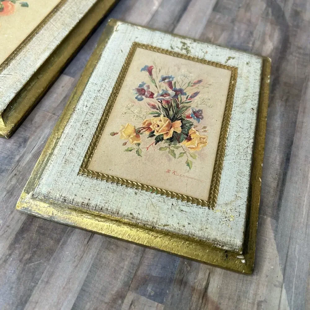 Vintage Marked Made in Italy Small Rectangles Floral Art Wall Frames Paintings